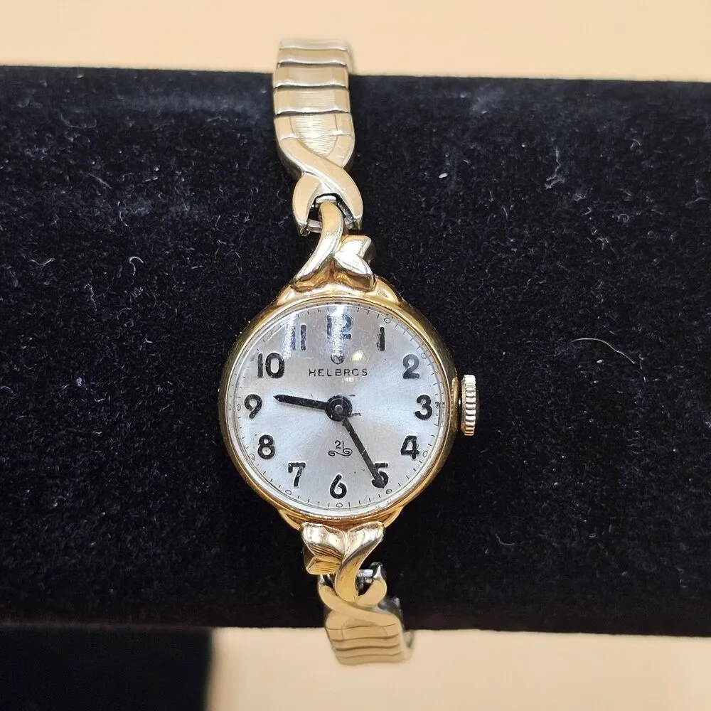 Helbros 21 Jewel Gold Tone Vtg Ladies Watch On 1/30 10k RGP Stretch Band Runs